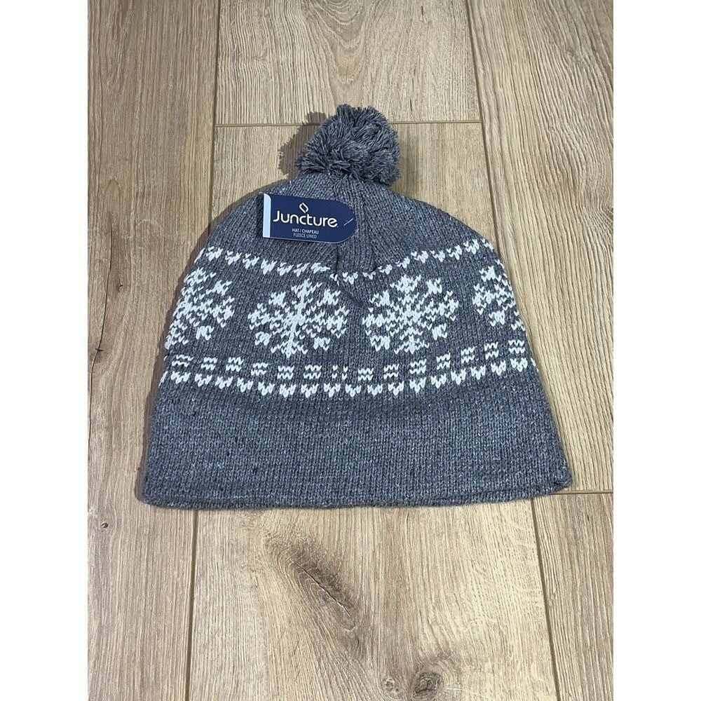 Juncture Knit Beanie Hat Winter Warm Pom Pom Gray Snowflake